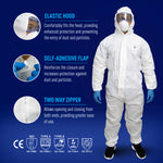 GE SMS protective coverall with elastic hood, self-adhesive flap, and two-way zipper for particle and light splash protection, SKU GW901.
