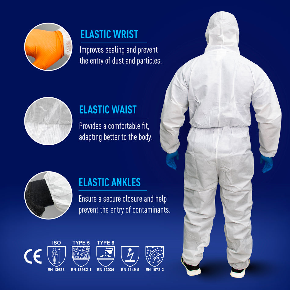 GE SMS protective coverall back view highlighting elastic wrists, waist, and ankles for a secure protective fit, SKU GW901.
