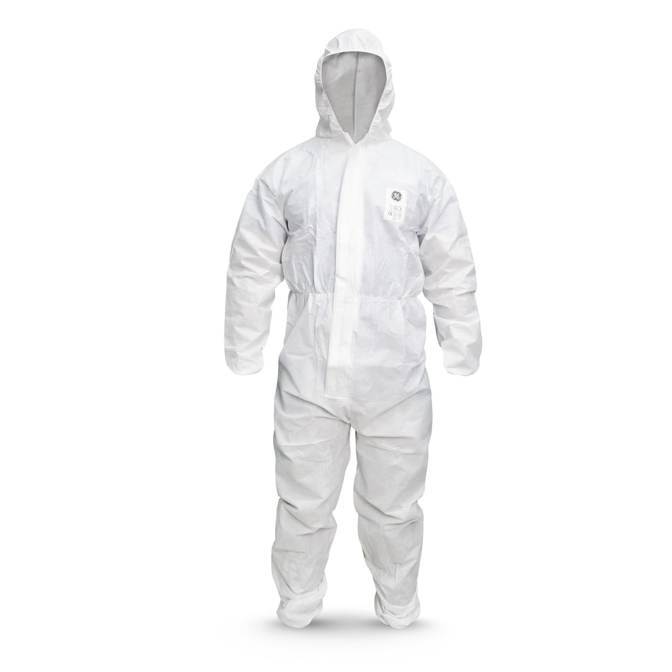 2xl | full body front view with hood | SMS Disposable Hooded Coverall Type 5/6 — GE PPE GW901, EN 13982-1, Elastic Wrists & Ankles | GW9012XL