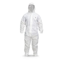 GE SMS protective coverall with integrated hood, front view, 50 GSM liquid-repellent fabric, Type 5 and Type 6 protection, SKU GW901.