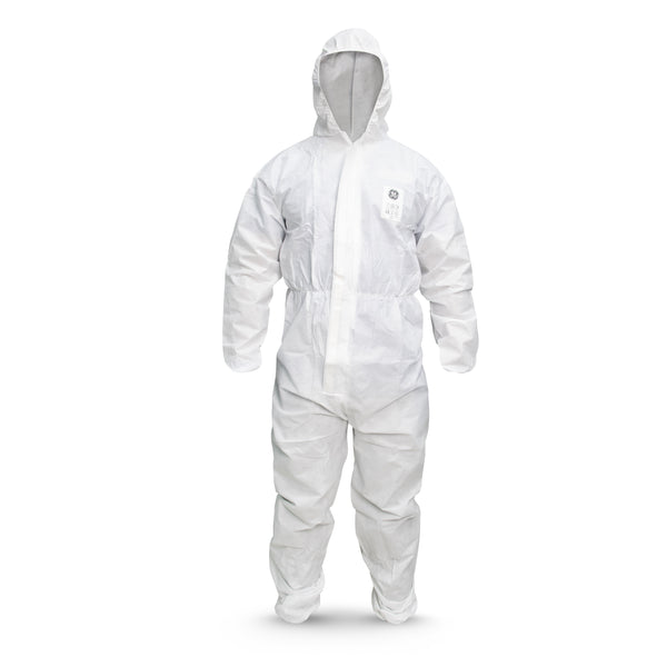 GE SMS protective coverall with integrated hood, front view, 50 GSM liquid-repellent fabric, Type 5 and Type 6 protection, SKU GW901.