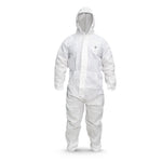 GE SMS protective coverall with integrated hood, front view, 50 GSM liquid-repellent fabric, Type 5 and Type 6 protection, SKU GW901.