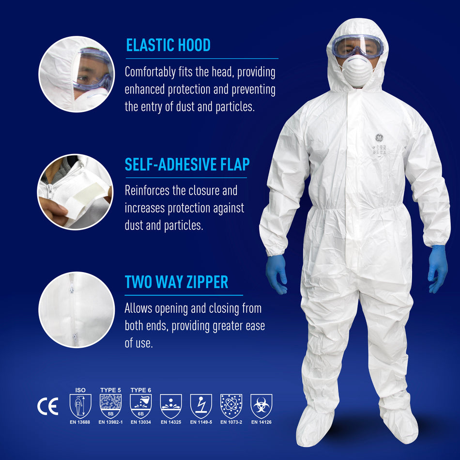 m | model wearing full protective suit front view | GE PPE GW903 Microporous Protective Coverall Hood & Boots | GW903M