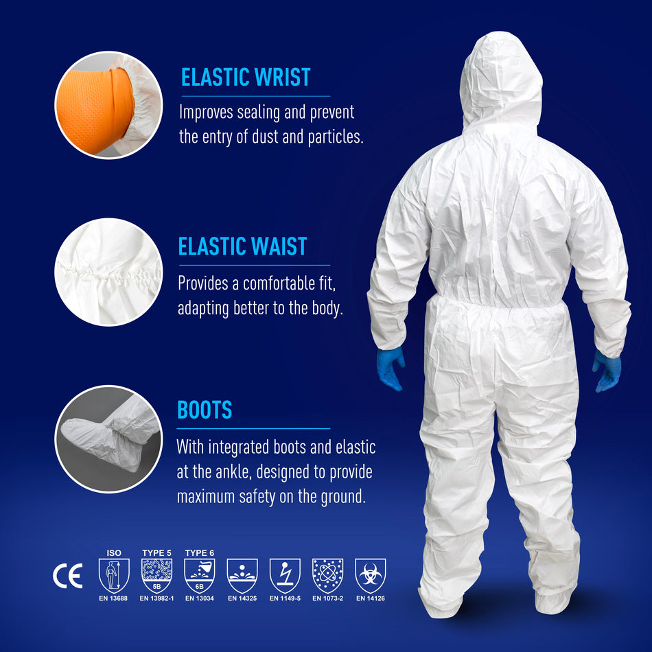 m | back view with feature callouts displayed | GE PPE GW903 Microporous Protective Coverall Hood & Boots | GW903M