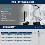 GE microporous protective coverall with hood and boots applications and sizing chart for agriculture, general industry, painting, cleaning, and remediation, SKU GW903.
