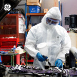 l | person wearing coverall in industrial setting | GE PPE GW903 Microporous Protective Coverall Hood & Boots | GW903L