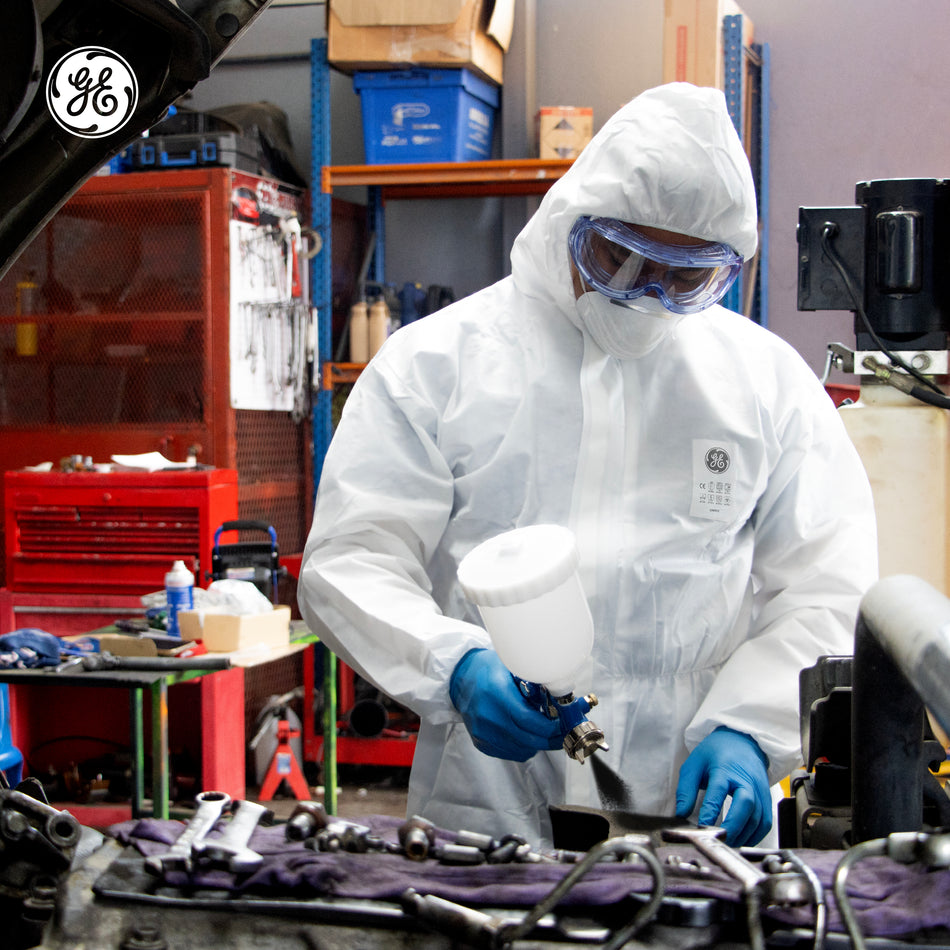 GE microporous protective coverall with hood and boots used in painting and general industry applications, SKU GW903.