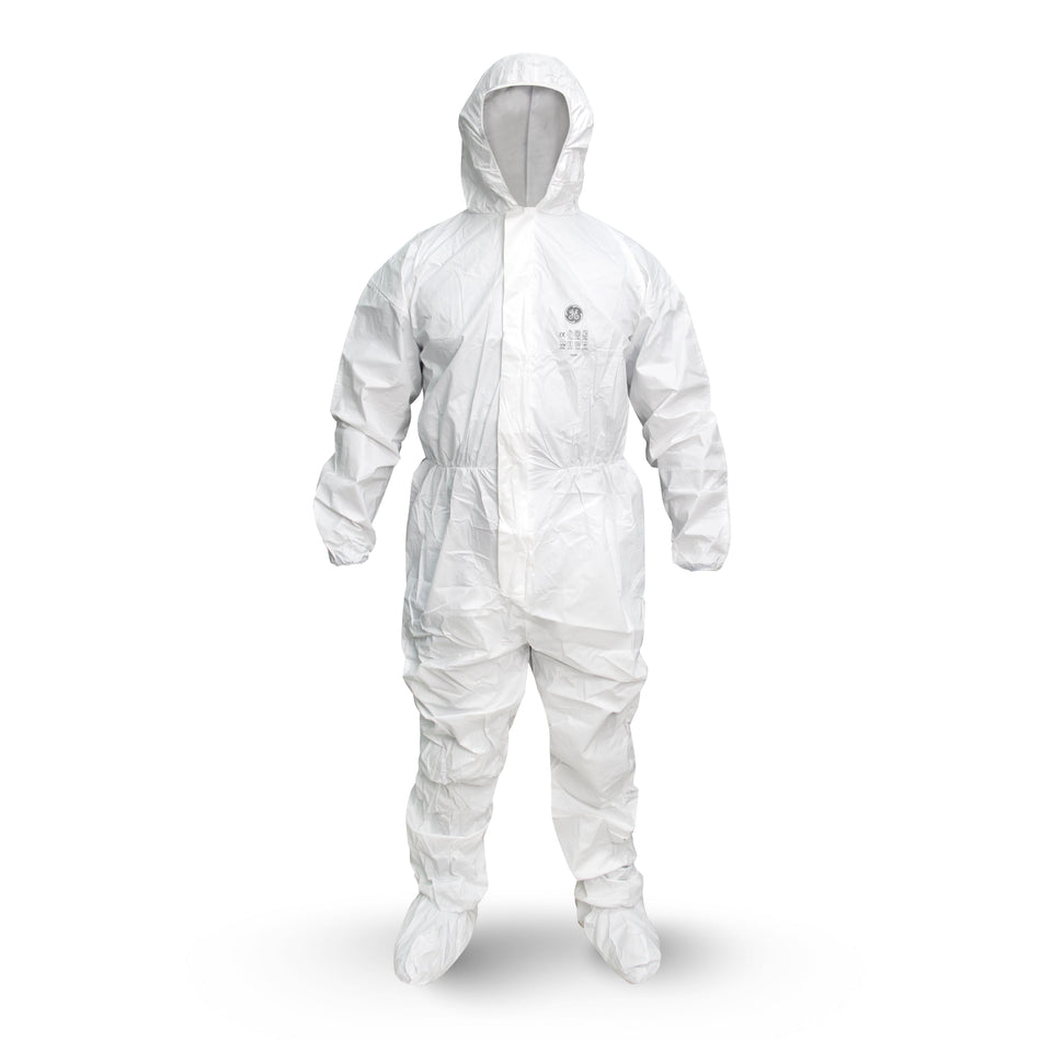 l | front view mannequin wearing full protective suit | GE PPE GW903 Microporous Protective Coverall Hood & Boots | GW903L