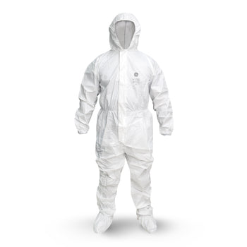 GE microporous protective coverall with hood and boots, front view, 63 GSM breathable material, SKU GW903.