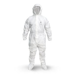 GE microporous protective coverall with hood and boots, front view, 63 GSM breathable material, SKU GW903.