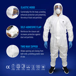 GE microporous protective coverall showing elastic hood, self-adhesive flap, and two-way zipper for enhanced protection, SKU GW904.