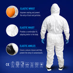 GE microporous protective coverall back view highlighting elastic wrists, elastic waist, and elastic ankles for a secure fit, SKU GW904.