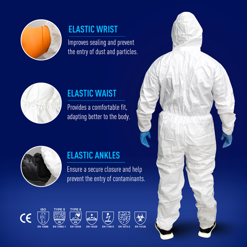 GE microporous protective coverall back view highlighting elastic wrists, elastic waist, and elastic ankles for a secure fit, SKU GW904.