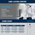 GE microporous protective coverall with hood applications and sizing chart for agriculture, general industry, painting, cleaning, and remediation, SKU GW904.