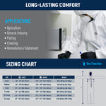 GE microporous protective coverall with hood applications and sizing chart for agriculture, general industry, painting, cleaning, and remediation, SKU GW904.