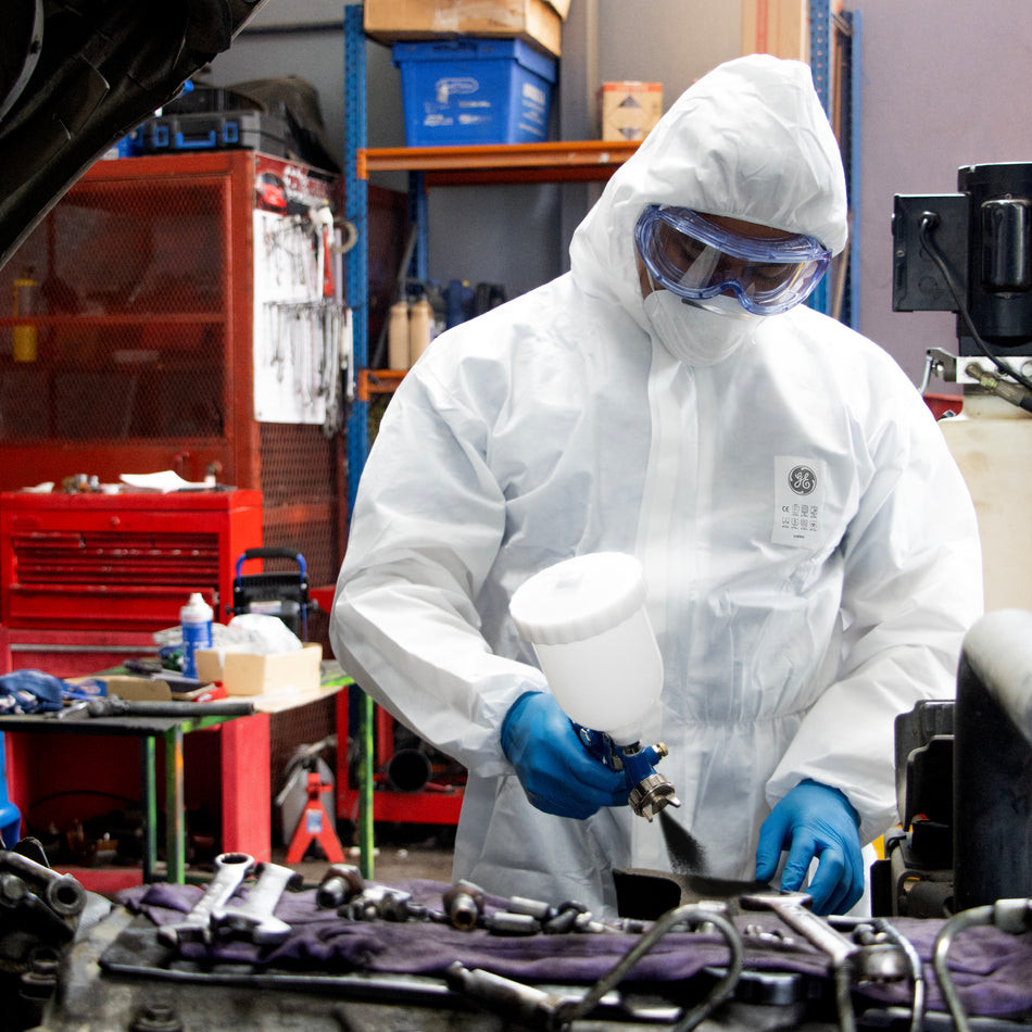 GE microporous protective coverall with hood used in painting and general industry applications, SKU GW904.