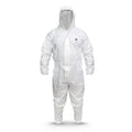 GE microporous protective coverall with hood, front view, 63 GSM breathable material, SKU GW904.