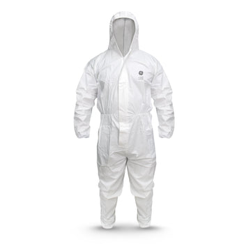 m | front view on mannequin with hood | Microporous Protective Coverall | GW904M