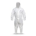 GE microporous protective coverall with hood, front view, 63 GSM breathable material, SKU GW904.