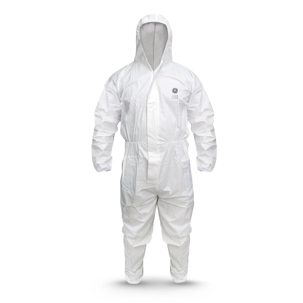 GE microporous protective coverall with hood, front view, 63 GSM breathable material, SKU GW904.