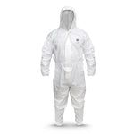 GE microporous protective coverall with hood, front view, 63 GSM breathable material, SKU GW904.