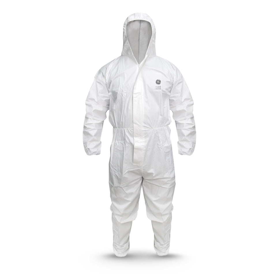 GE microporous protective coverall with hood, front view, 63 GSM breathable material, SKU GW904.