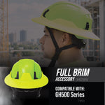 hi-vis green | worker wearing helmet on construction site | Full Brim Accessory — GE PPE GH626 | GH626HV
