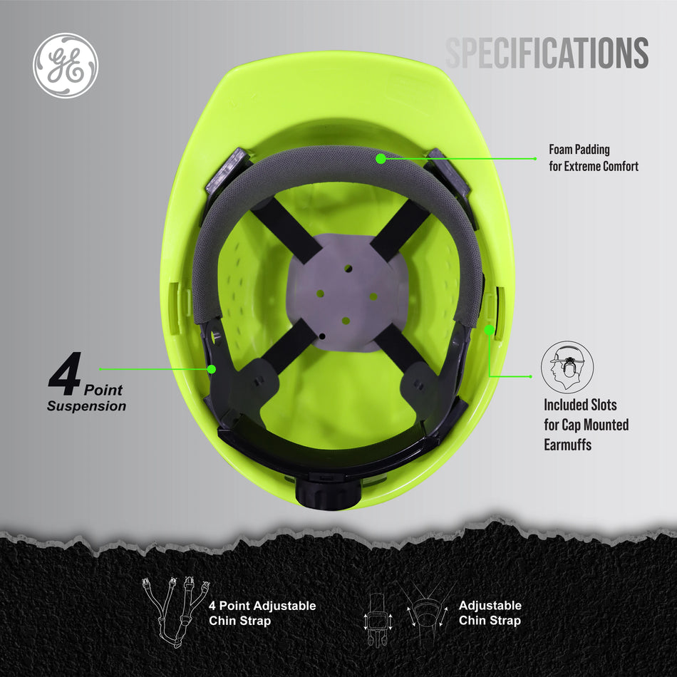 hi-vis lime | GH326HN vented cap style hard hat with chin strap | Vented Cap Style Hard Hat — GE PPE GH326, ANSI Z89.1-2014 Type 1 Class C | GH326HN