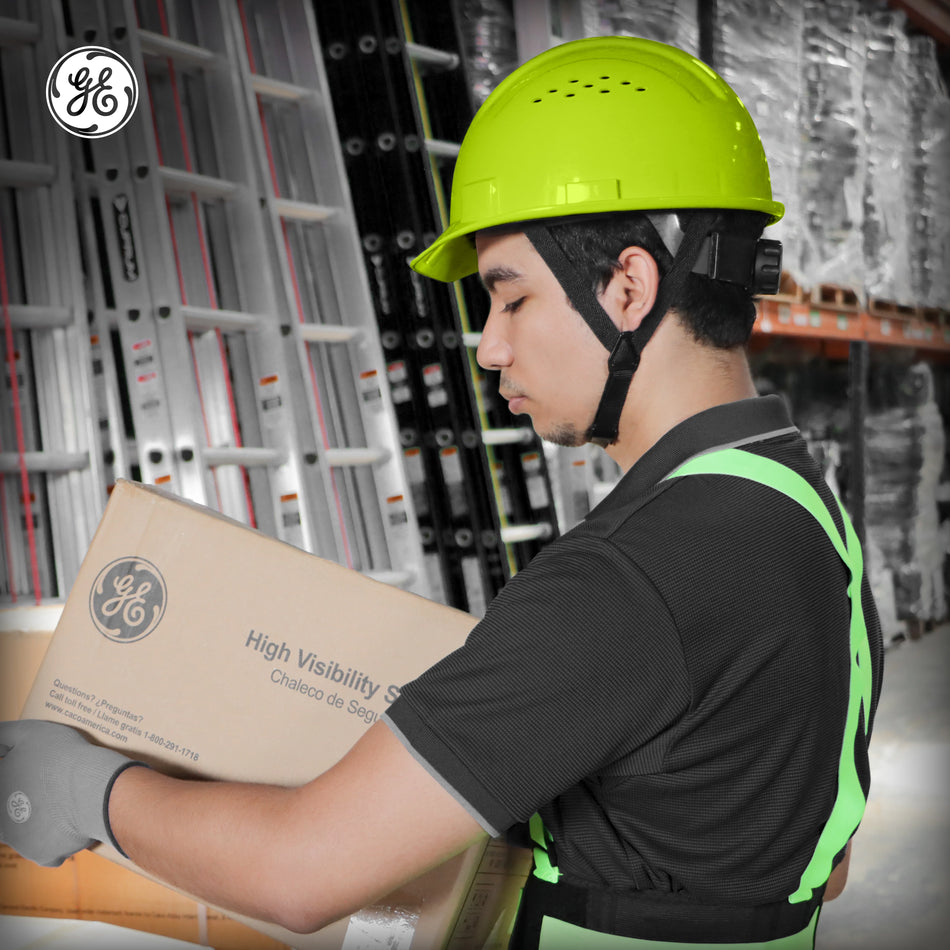 hi-vis lime | GH326HN vented cap style hard hat with chin strap | Vented Cap Style Hard Hat — GE PPE GH326, ANSI Z89.1-2014 Type 1 Class C | GH326HN
