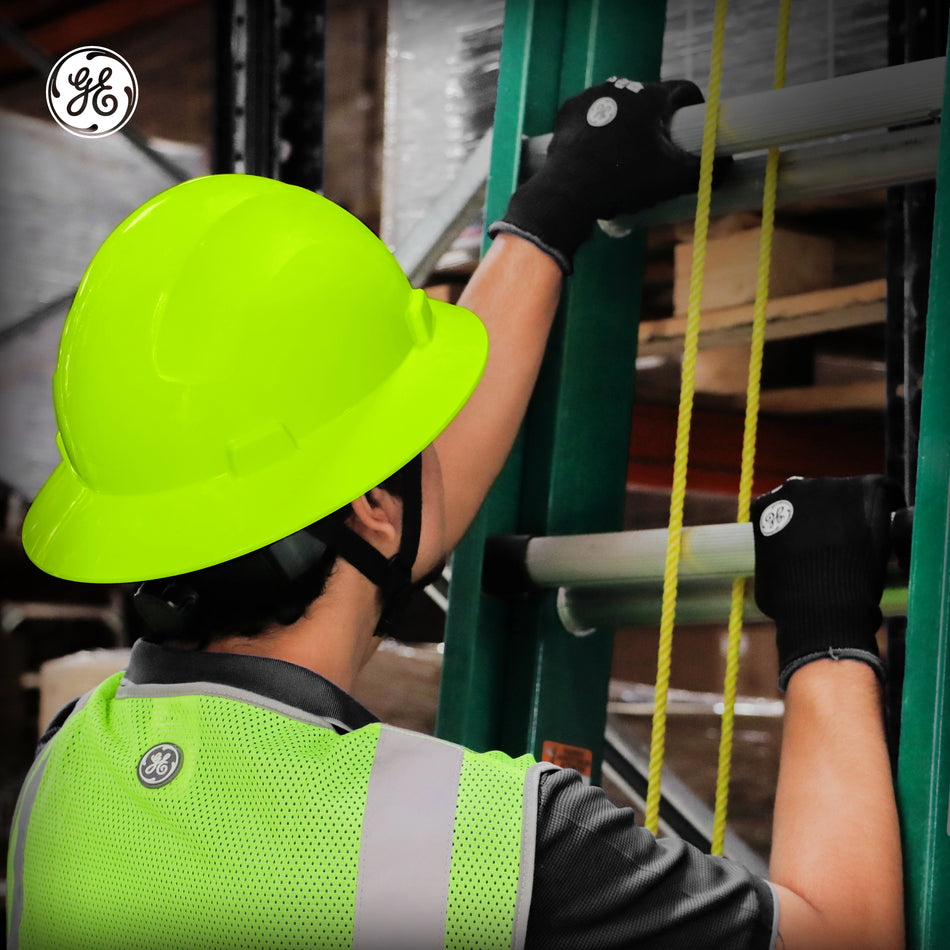 hi-vis lime | worker wearing hard hat on job site | Full Brim Hard Hat — GE PPE GH329, ANSI Z89.1-2014 Type 1 Class E Dielectric | GH329HN