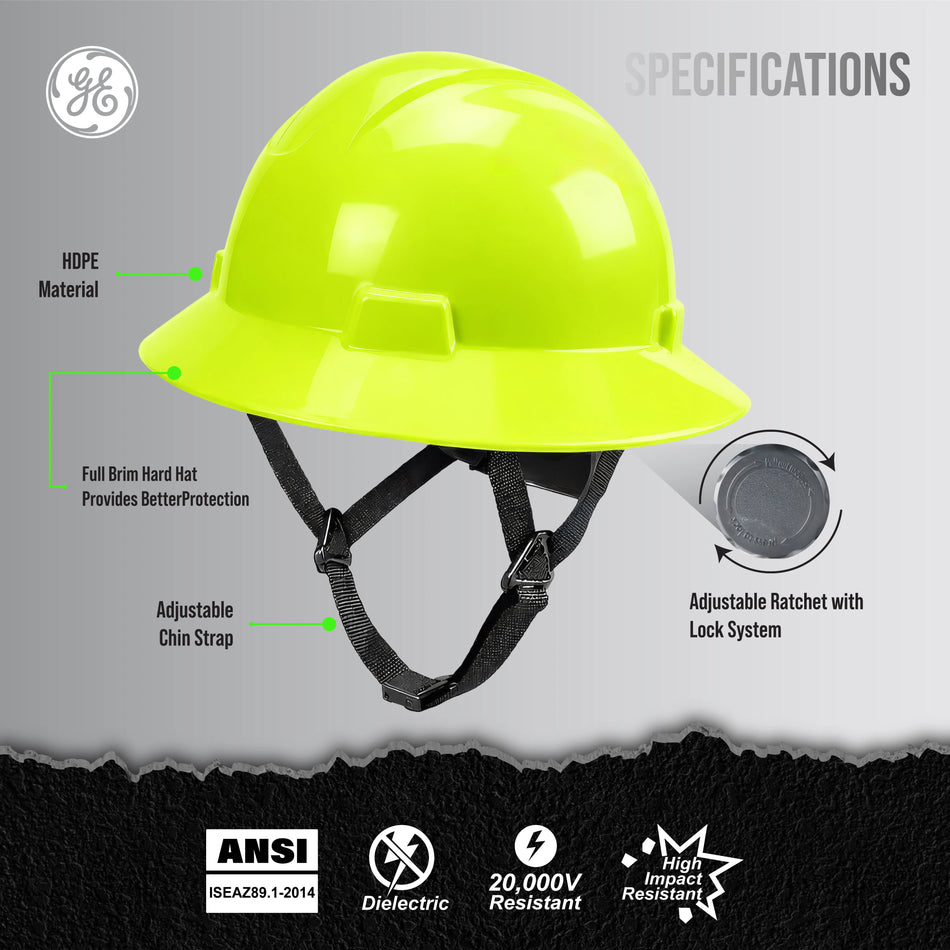 hi-vis lime | front view with labeled specifications | Full Brim Hard Hat — GE PPE GH329, ANSI Z89.1-2014 Type 1 Class E Dielectric | GH329HN