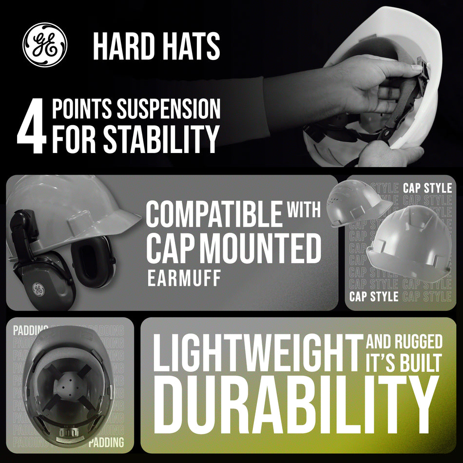 hi-vis lime | product features and suspension system details | Vented Cap Style Hard Hat — GE PPE GH326, ANSI Z89.1-2014 Type 1 Class C | GH326HN