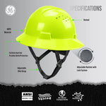 hi-vis lime | front view with specifications labeled | Vented Full Brim Hard Hat — GE PPE GH328, ANSI Z89.1-2014 Type 1 Class C | GH328HN