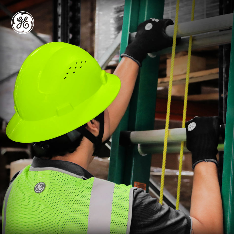 hi-vis lime | worker wearing hard hat on job site | Vented Full Brim Hard Hat — GE PPE GH328, ANSI Z89.1-2014 Type 1 Class C | GH328HN