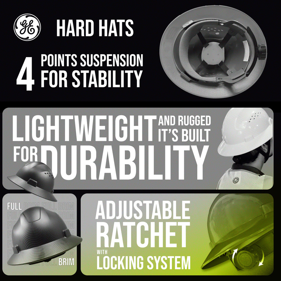 hi-vis lime | interior suspension system top-down view | Vented Full Brim Hard Hat — GE PPE GH328, ANSI Z89.1-2014 Type 1 Class C | GH328HN
