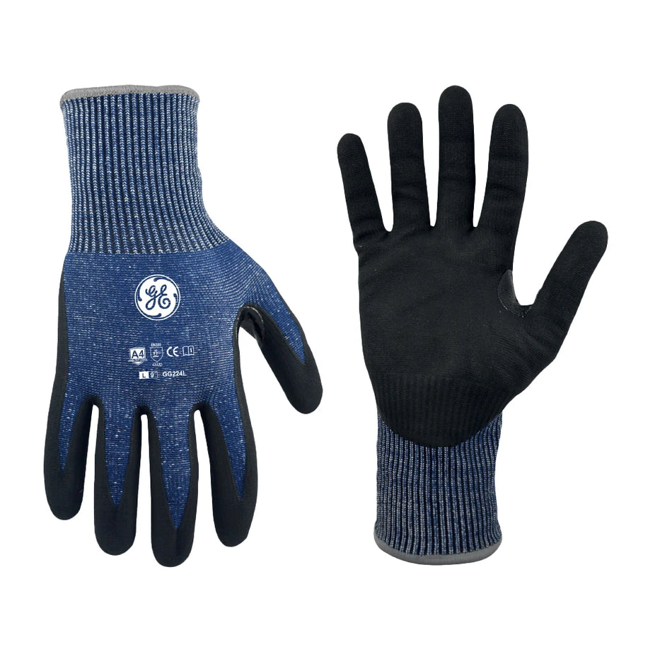 l, 1 Pack | front and back view of protective work gloves | Micro Foam Nitrile Dipped Cut Level 4 Gloves — GE PPE GG224, Cut Resistant | GG224LC