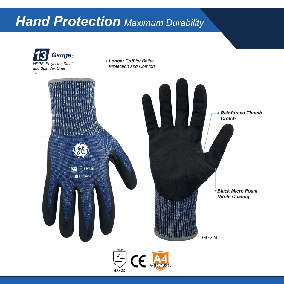 l, 1 Pack | Micro Foam Nitrile Dipped Cut Level 4 Gloves — GE PPE GG224, Cut Resistant | GG224LC
