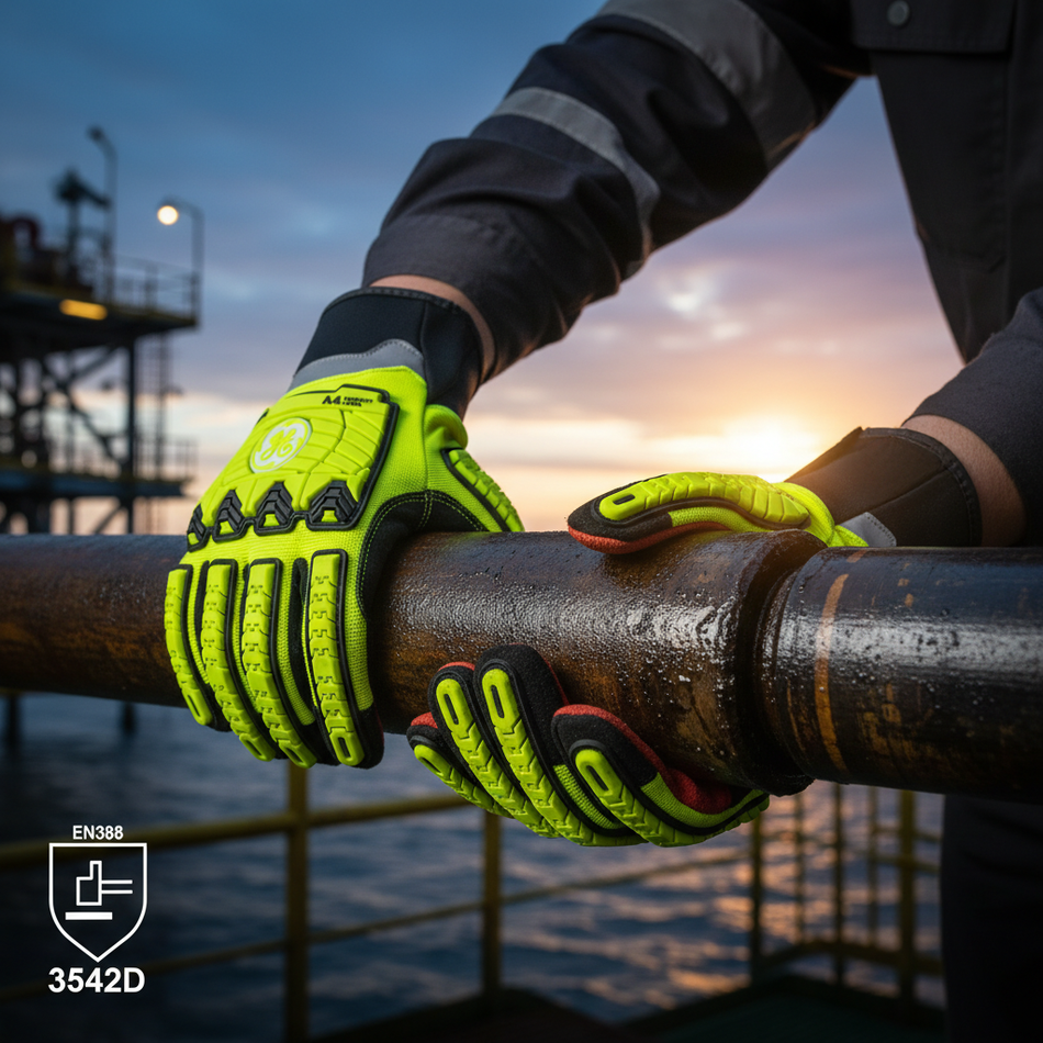 m | worker wearing gloves gripping industrial pipe | Hi-Vis TPR Impact Resistant Cut A4 Work Gloves — GE PPE GG422, Impact Resistant | GG422XLC