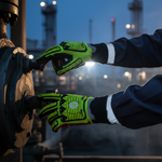 m | hands gripping industrial structure at dusk | Hi-Vis TPR Impact Resistant Cut A4 Work Gloves — GE PPE GG422, Impact Resistant | GG422XLC