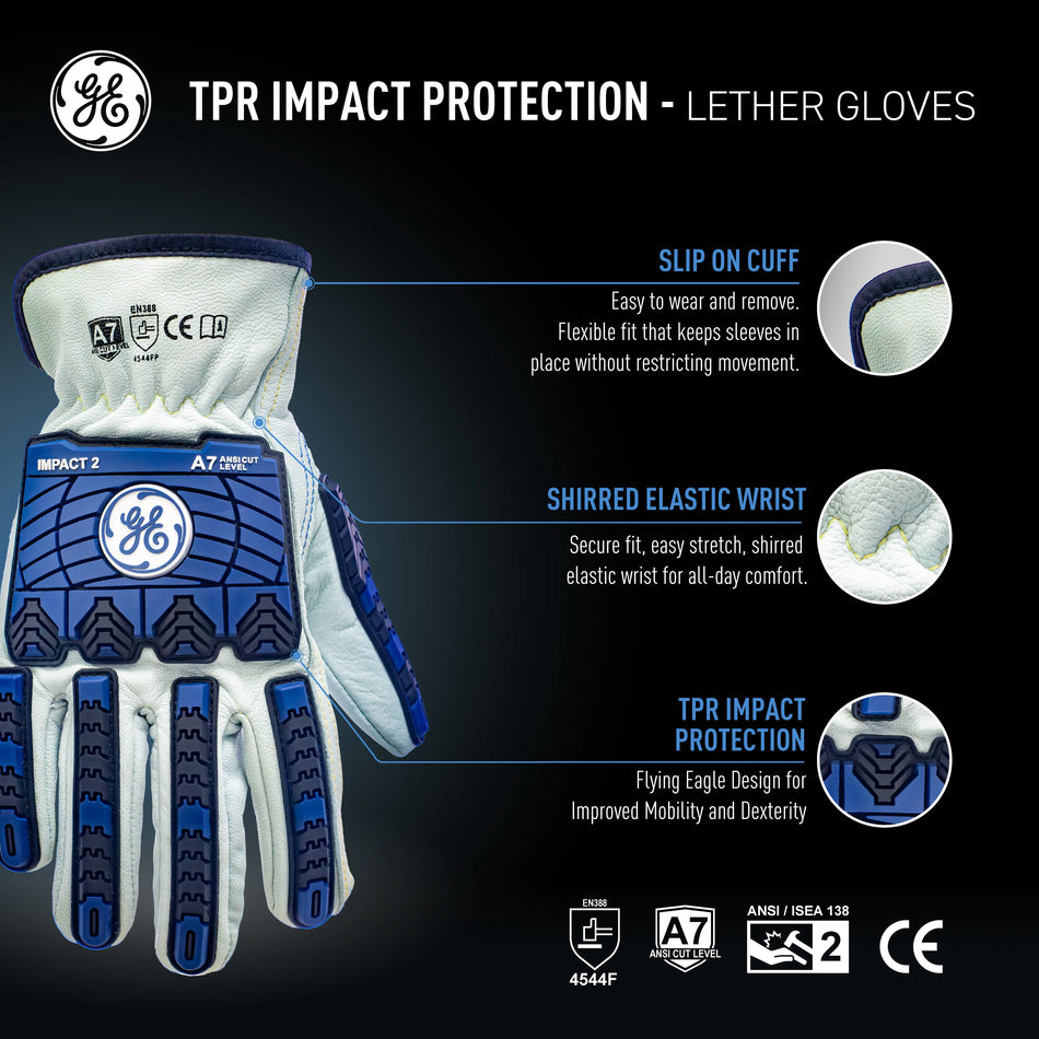 m, 1 Pack | flat lay with feature callouts highlighted | A7 Cut & Impact Resistant Driver Gloves — GE PPE GG421, Leather | GG421MC