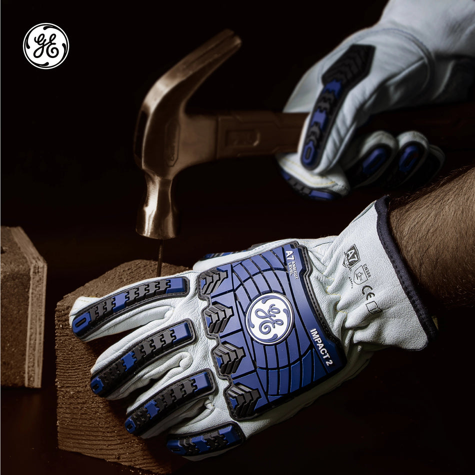2xl, 1 Pack | model wearing gloves using hammer | A7 Cut & Impact Resistant Driver Gloves — GE PPE GG421, Leather | GG4212XLC