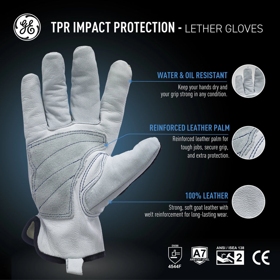 2xl, 1 Pack | palm view with product feature callouts | A7 Cut & Impact Resistant Driver Gloves — GE PPE GG421, Leather | GG4212XLC