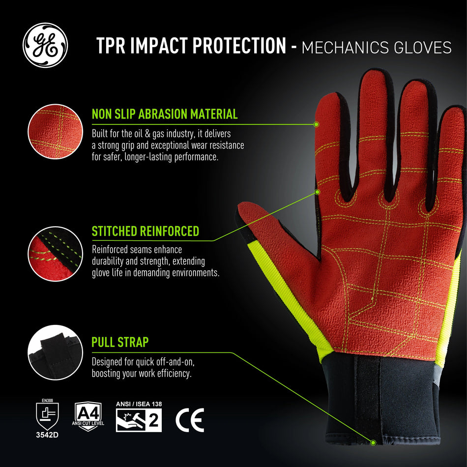 m | full frontal glove with feature callouts | Hi-Vis TPR Impact Resistant Cut A4 Work Gloves — GE PPE GG422, Impact Resistant | GG422XLC