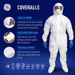 m | model wearing full protective suit front view | Microporous Disposable Coverall Type 5/6 — GE PPE GW903, EN ISO 13982-1 & 13034, Hood & Boots | GW903M