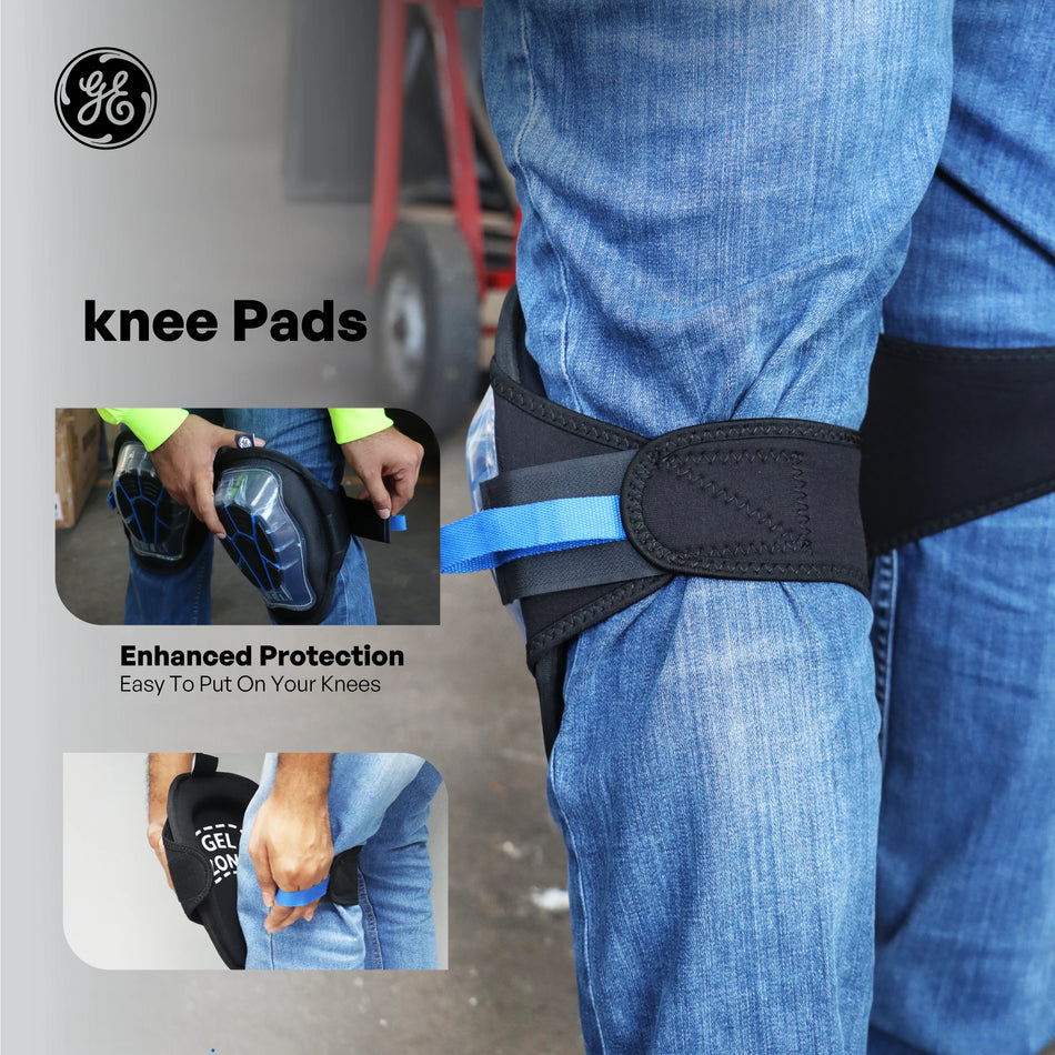 one size | model wearing knee pads on legs | Heavy-Duty Gel Knee Pads — GE PPE GR553, EN14404 Type 2 | GR553