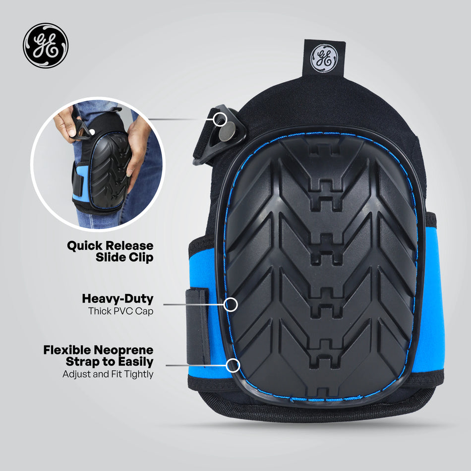 one size | front view with feature callouts labeled | PVC Cap Pro Knee Pads — GE PPE GR551, Ergonomic Fit | GR551
