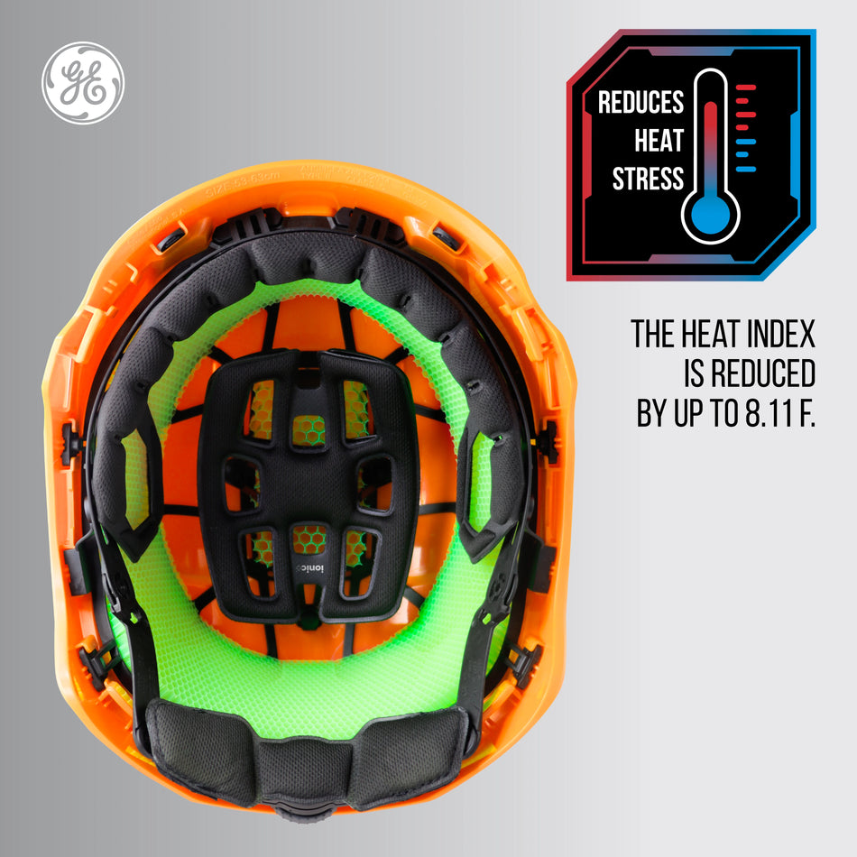 orange, Non-Vented | interior top-down view showing ventilation mesh | Non-Vented Type 2 Safety Helmet with Koroyd — GE PPE GH501, ANSI Z89.1-2014 Class E & G | GH501O