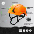 orange, Non-Vented | side angle view with labeled features | Non-Vented Type 2 Safety Helmet with Koroyd — GE PPE GH501, ANSI Z89.1-2014 Class E & G | GH501O