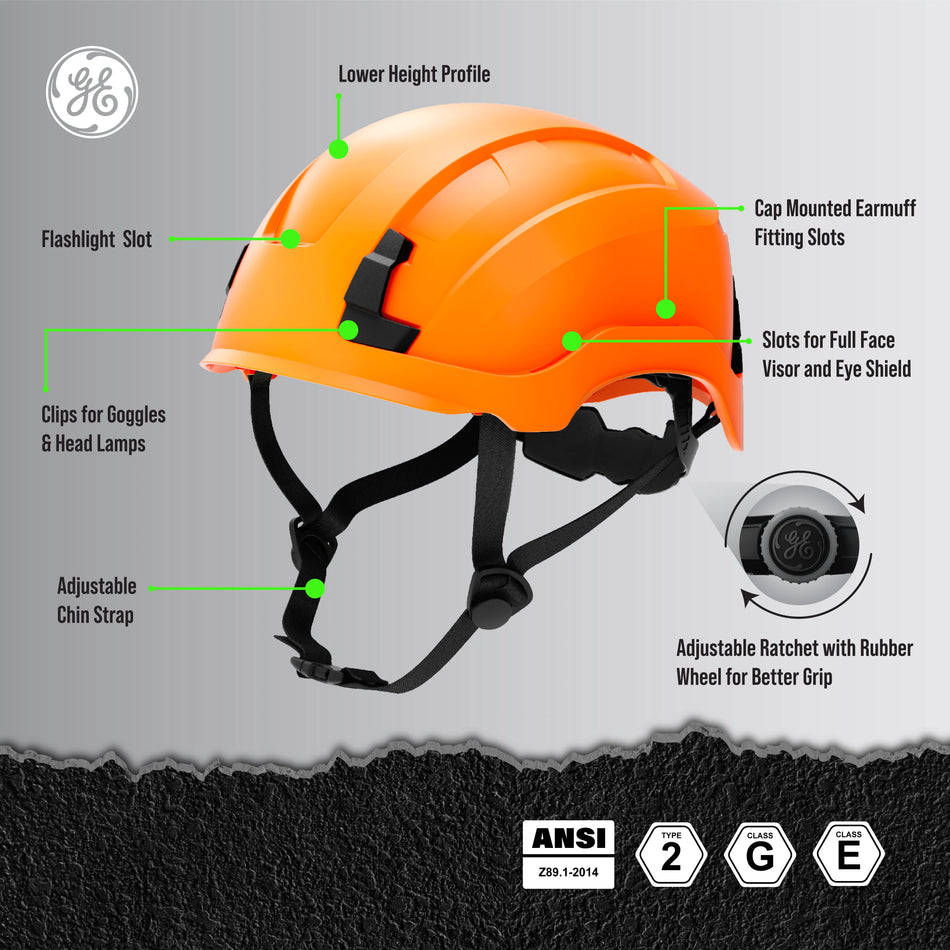 orange, Non-Vented | side angle view with labeled features | Non-Vented Type 2 Safety Helmet with Koroyd — GE PPE GH501, ANSI Z89.1-2014 Class E & G | GH501O