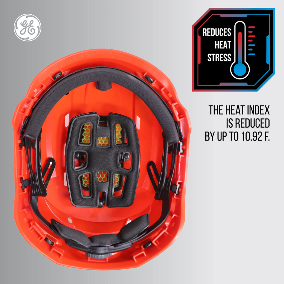 orange, Vented | top-down view showing ventilation system | Vented Type 1 Safety Helmet with Koroyd — GE PPE GH400, ANSI Z89.1-2014 Class C | GH400O